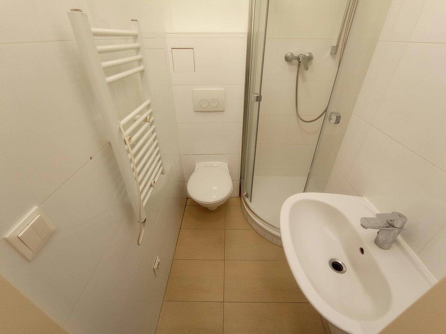 Kleines Badezimmer mit Dusche, WC, Waschbecken und beheiztem Handtuchhalter.