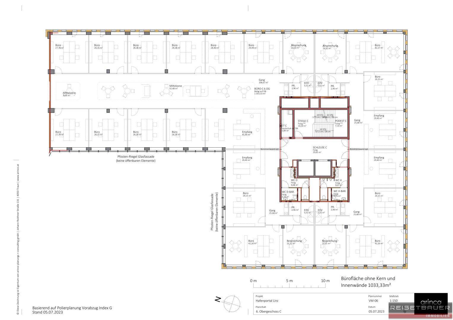 Detaillierter Grundriss einer Bürofläche von 1033,33 m² mit flexibler Raumaufteilung und Möblierungsvorschlägen.