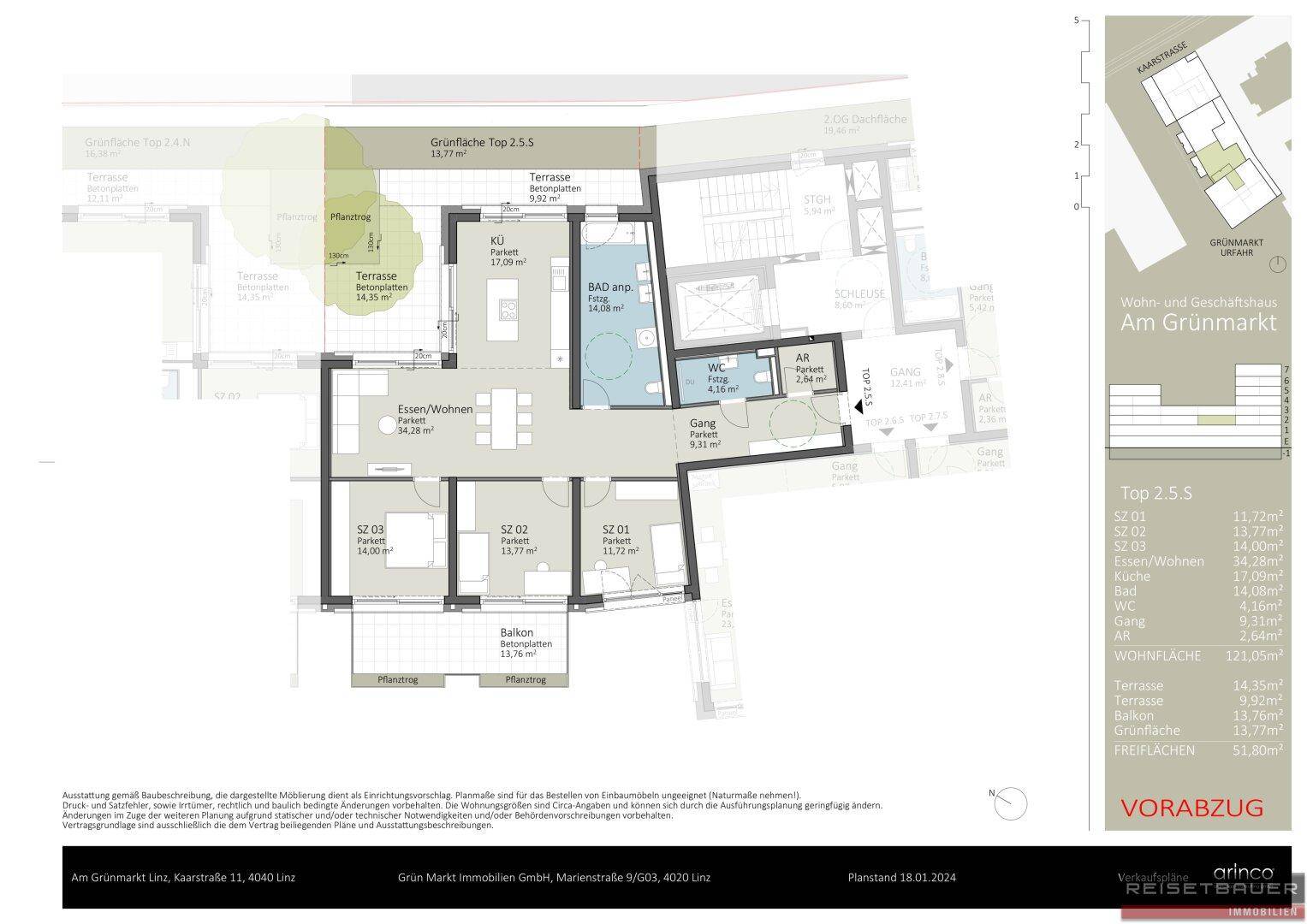Detaillierter Grundriss einer Wohnung mit drei Schlafzimmern, offenem Wohnbereich, Balkon und Terrasse.