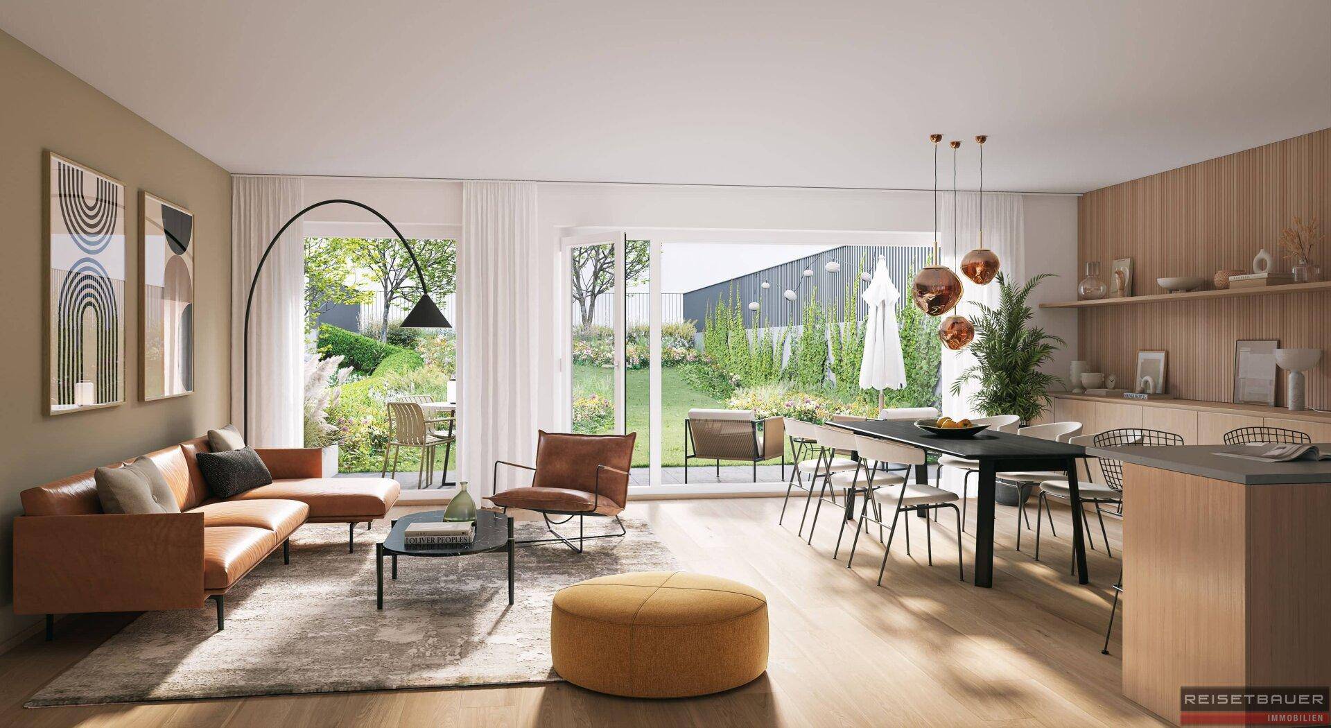 Geräumiger Wohn- und Essbereich mit Zugang zum Garten und moderner Einrichtung.