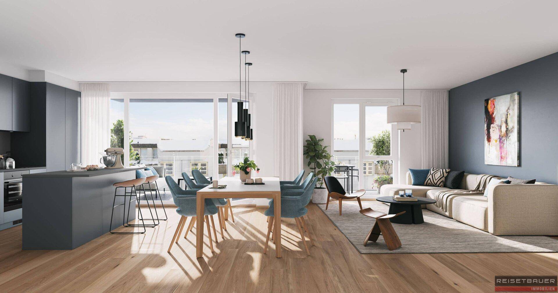 Heller offener Wohnbereich mit integrierter Küche, Essbereich und Zugang zum Balkon.
