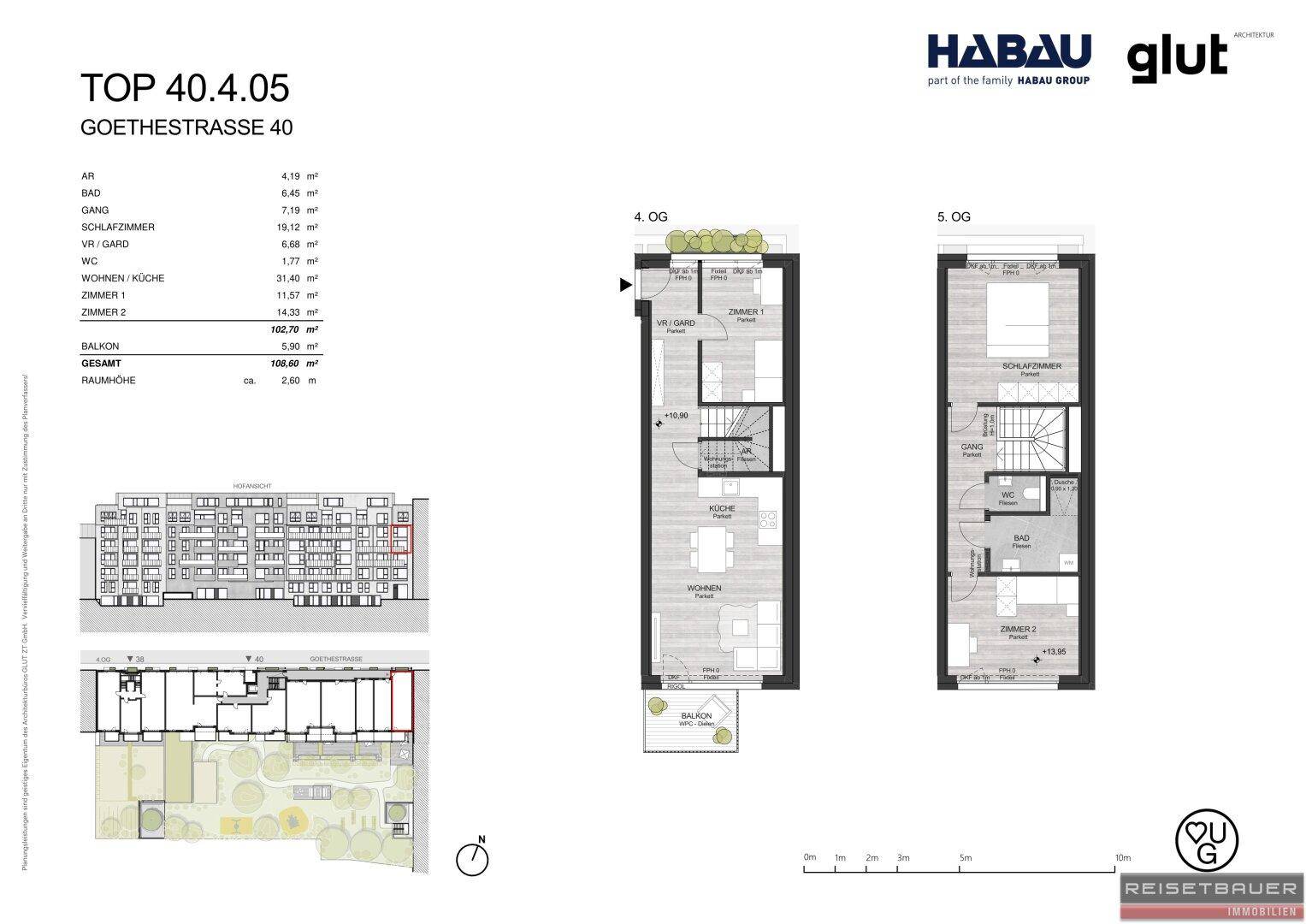 Mehrgeschossiger Grundriss einer Wohnung mit Balkon und einer Übersicht des Gebäudekomplexes.