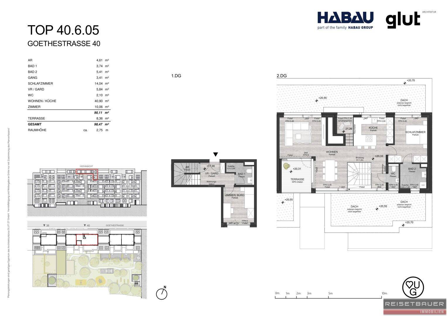 Grundrisspläne einer Wohnung mit mehreren Ebenen, Terrasse und Balkon sowie detaillierter Raumaufteilung.