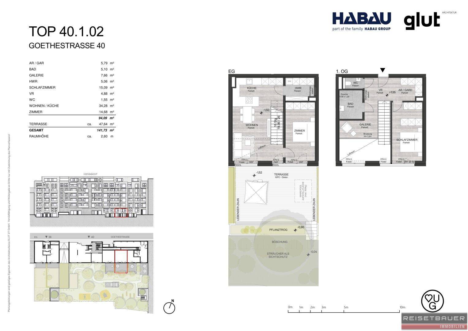 Detaillierter Grundriss einer Maisonette-Wohnung mit offener Raumaufteilung, Terrasse und Galerie.