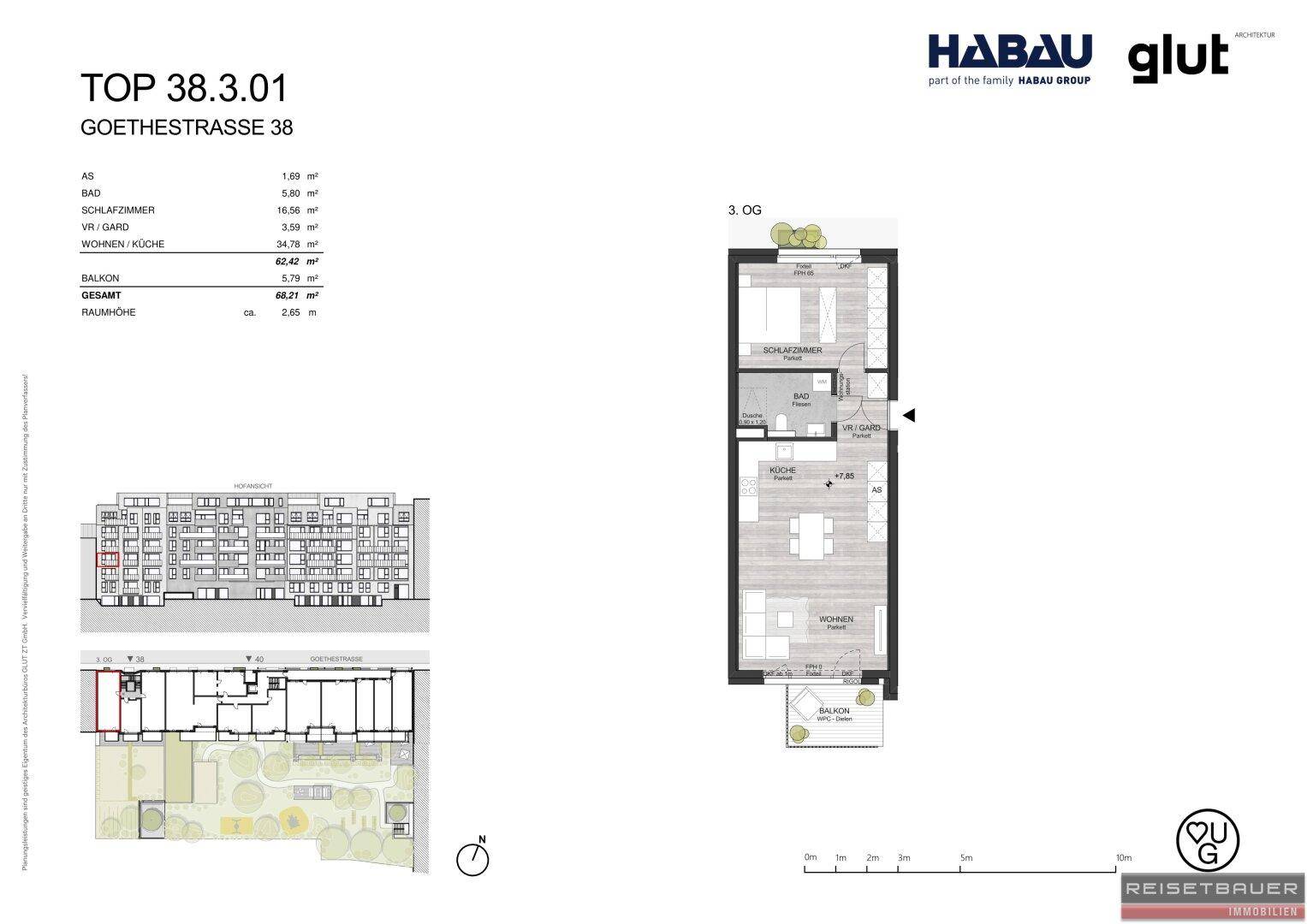 Grundriss der Wohnung TOP 38.3.01 mit Schlafzimmer, Bad und offenem Wohn-/Kochbereich.