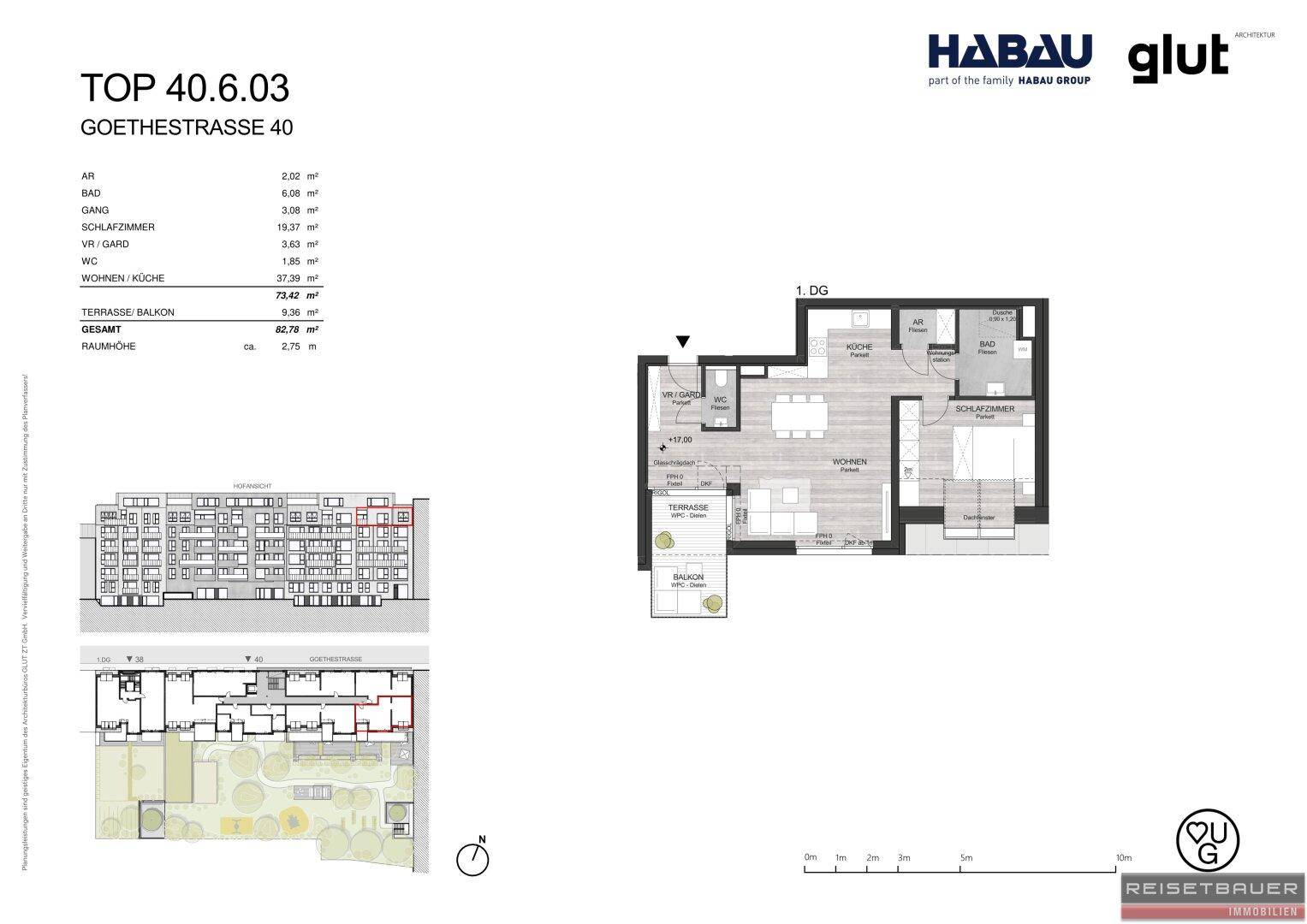 Grundriss einer Wohnung mit Terrasse und Balkon, inklusive kleiner Gebäudeansicht und Lageplan.