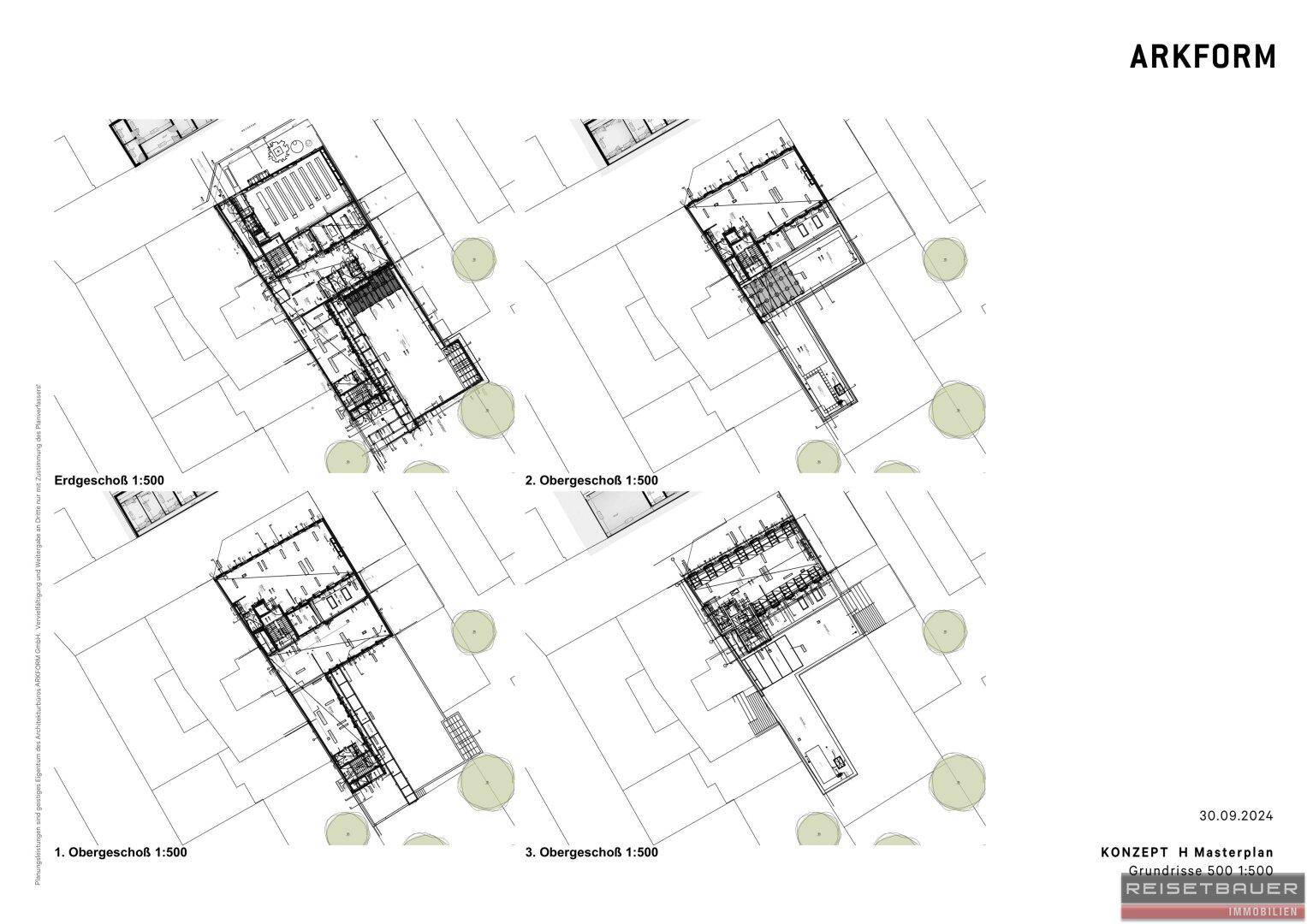 Übersichtlicher Masterplan mit Grundrissen verschiedener Etagen und Umgebung.