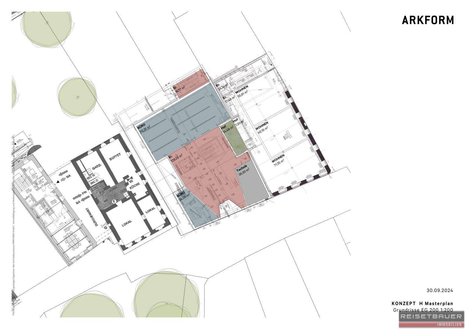 Detaillierter Grundriss des Erdgeschosses mit Wohn- und Gewerbeflächen.