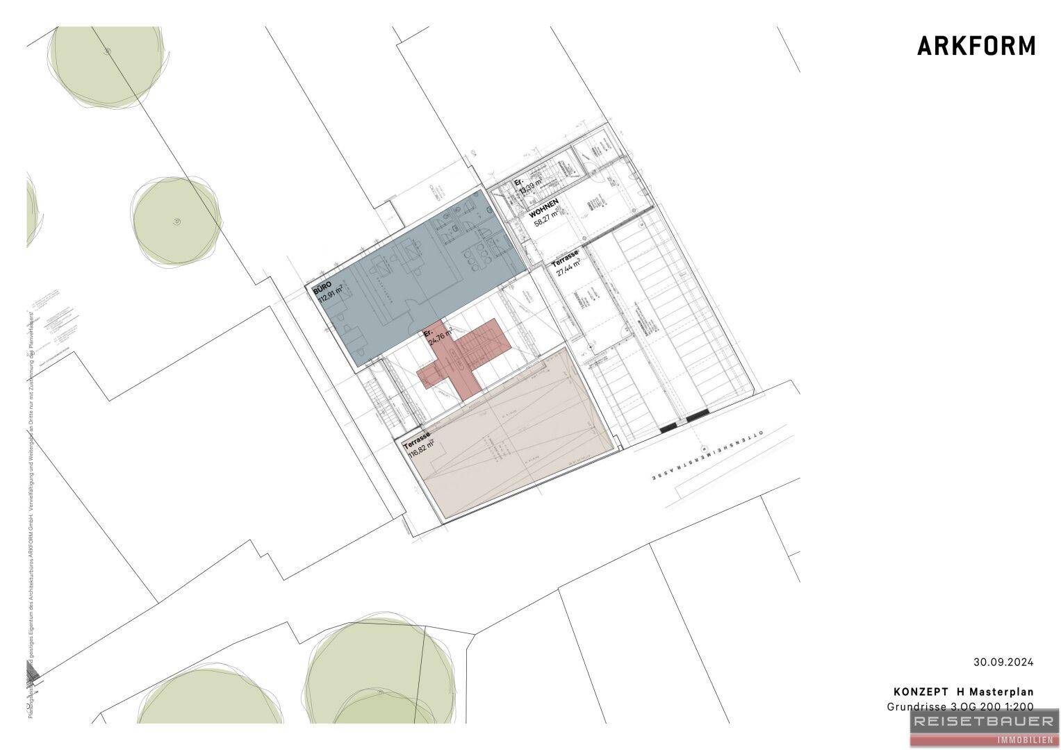 Detaillierter Masterplan mit Grundrissen mehrerer Wohneinheiten und zugehörigen Terrassenbereichen.