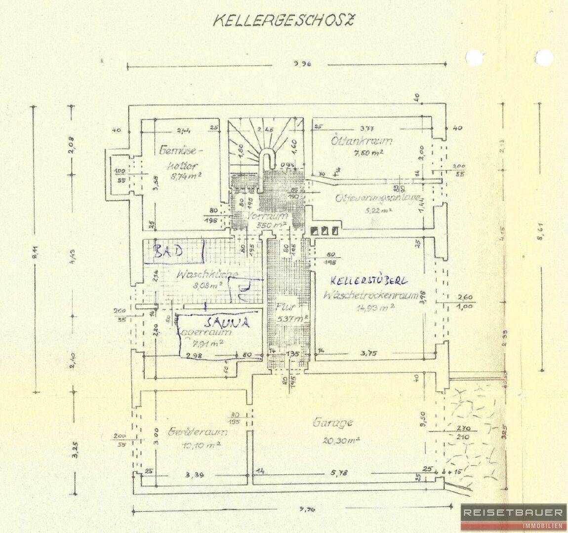 Grundriss des Kellergeschosses mit Garage, Sauna, Waschküche und Abstellräumen.