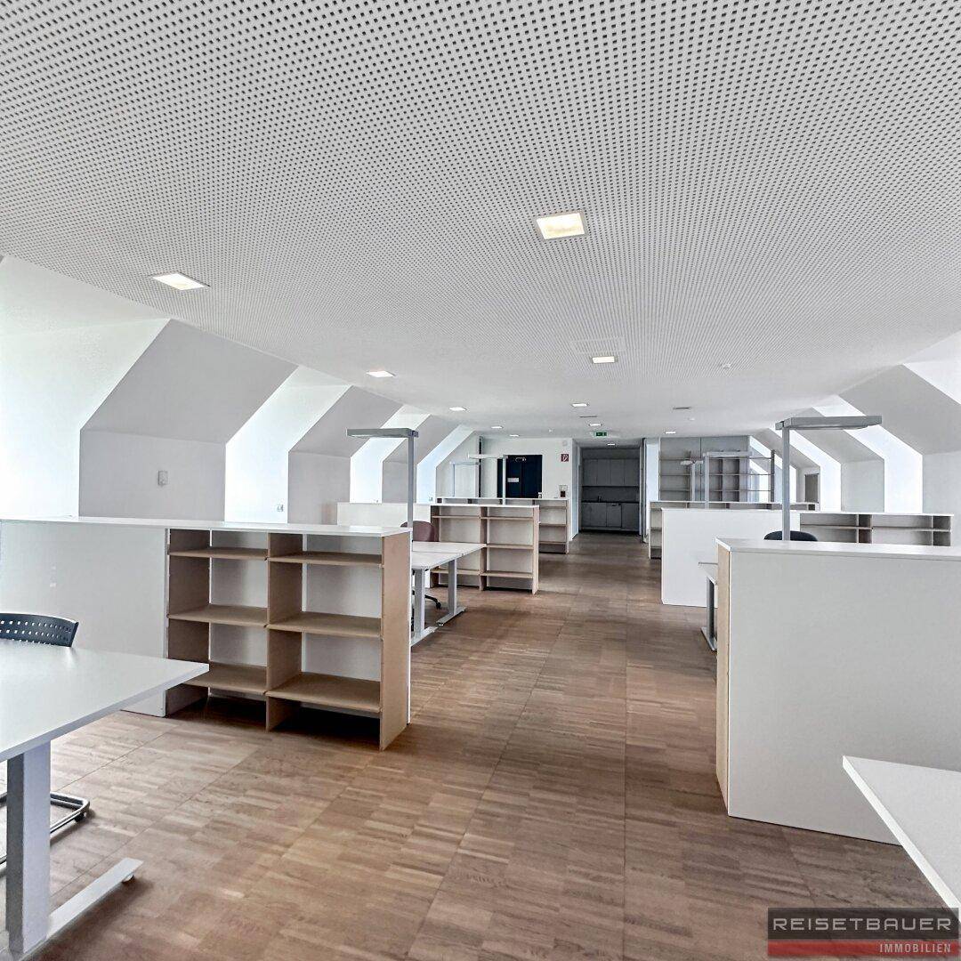 Weitläufiges Büro mit funktionalen Regalsystemen, Holzboden und viel Tageslicht, ideal für flexible Arbeitsplätze.
