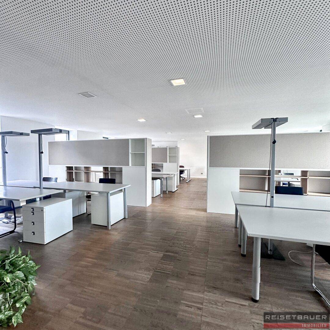 Helles und geräumiges Büro mit mehreren Arbeitsplätzen, Holzfußboden und moderner Einrichtung.