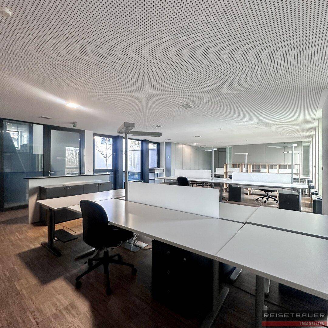 Weitläufiges Büro mit modernen Arbeitsplätzen, Trennwänden und viel Tageslicht durch große Fenster.