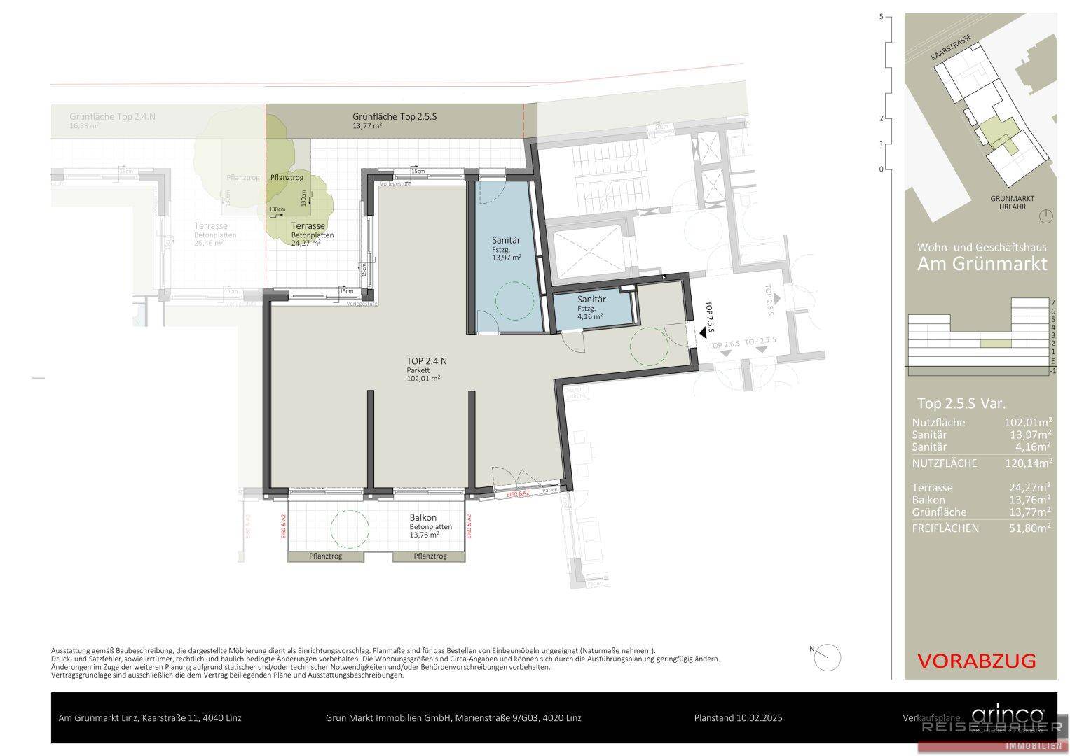 Grundriss einer Wohnung mit Balkon, Terrasse, Gartenanteil und zwei Sanitärbereichen.