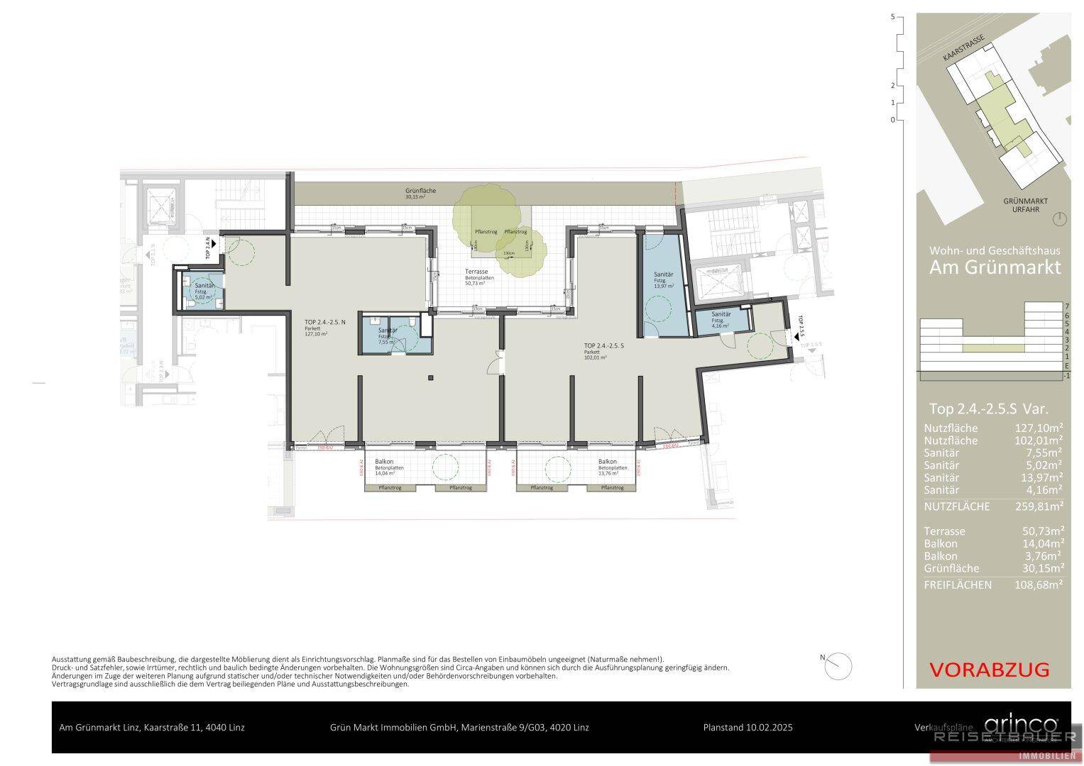 Detaillierter Grundriss einer modernen Wohnung mit mehreren Balkonen und Terrassenflächen.