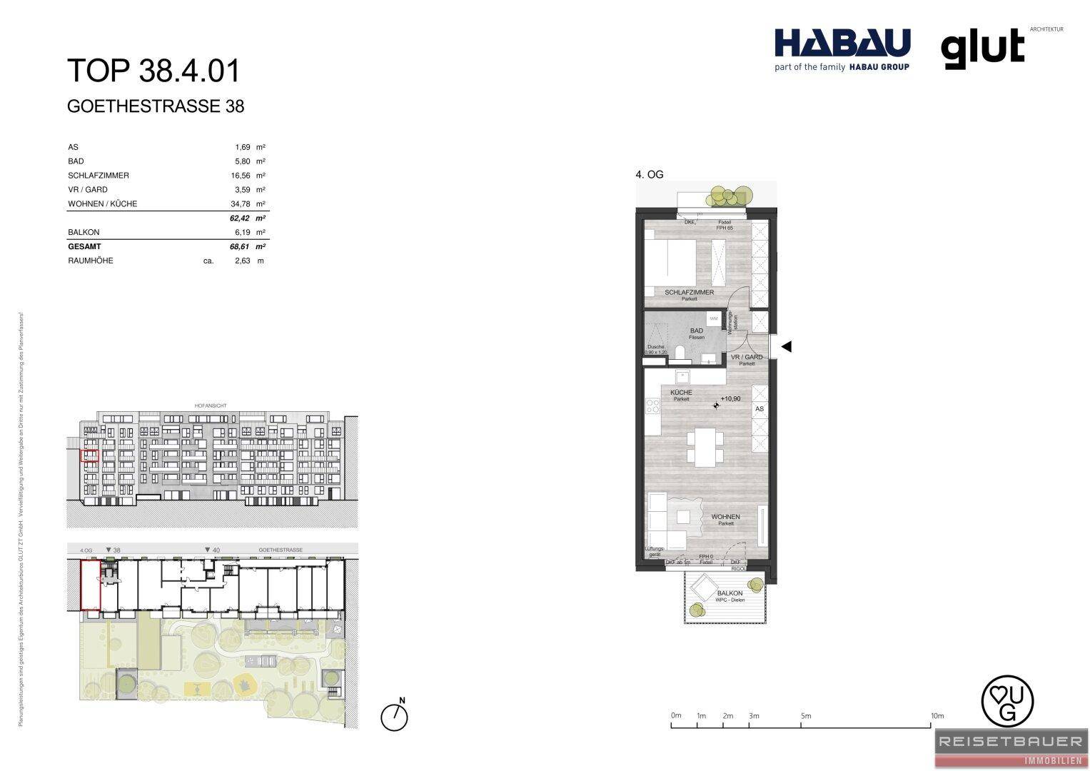 Grundriss einer Wohnung im 4. Obergeschoss mit Balkon und offenem Wohnbereich.