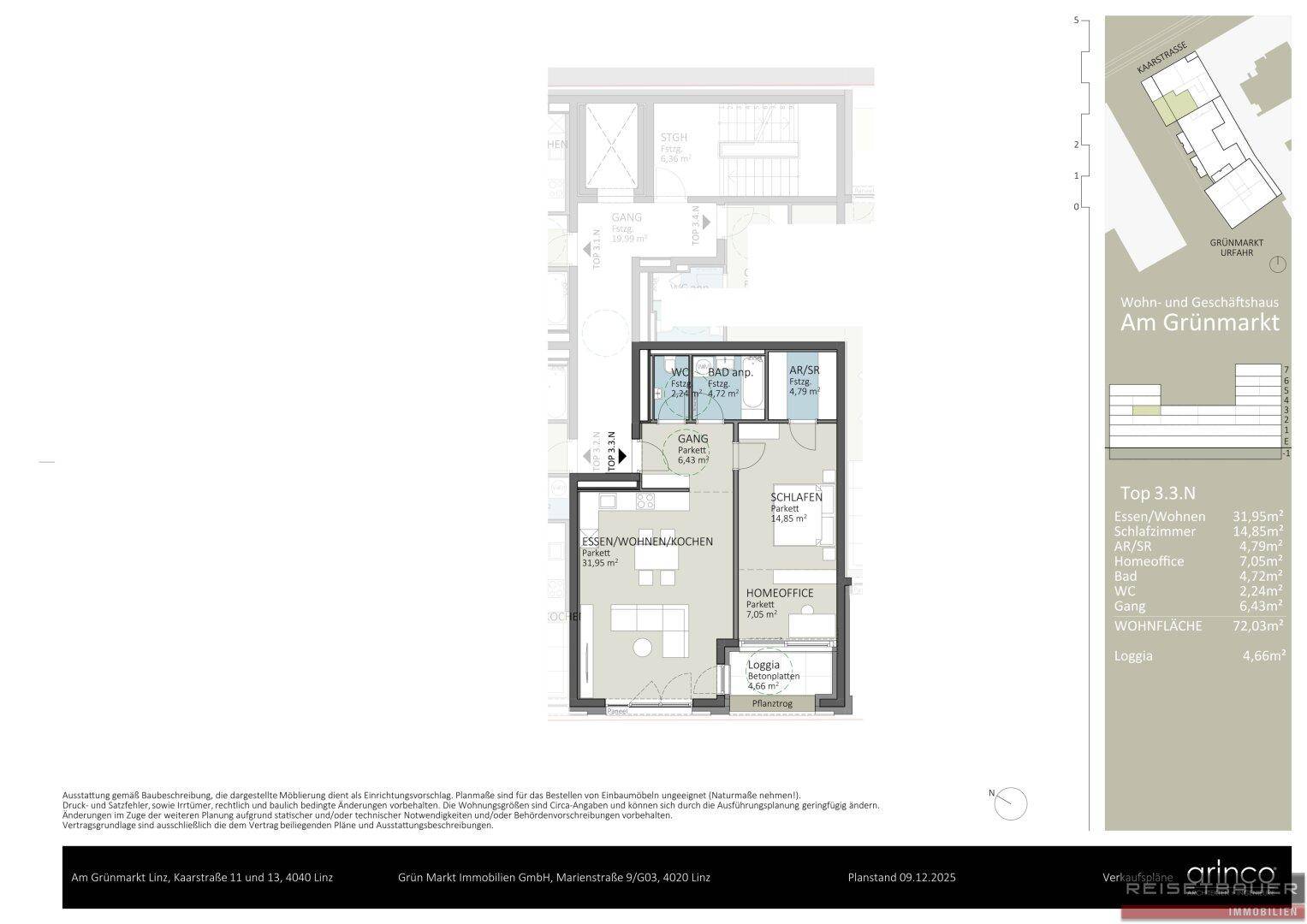 Detaillierter Grundriss einer Wohnung mit Wohn-/Ess-/Kochbereich, Schlafzimmer und Loggia.