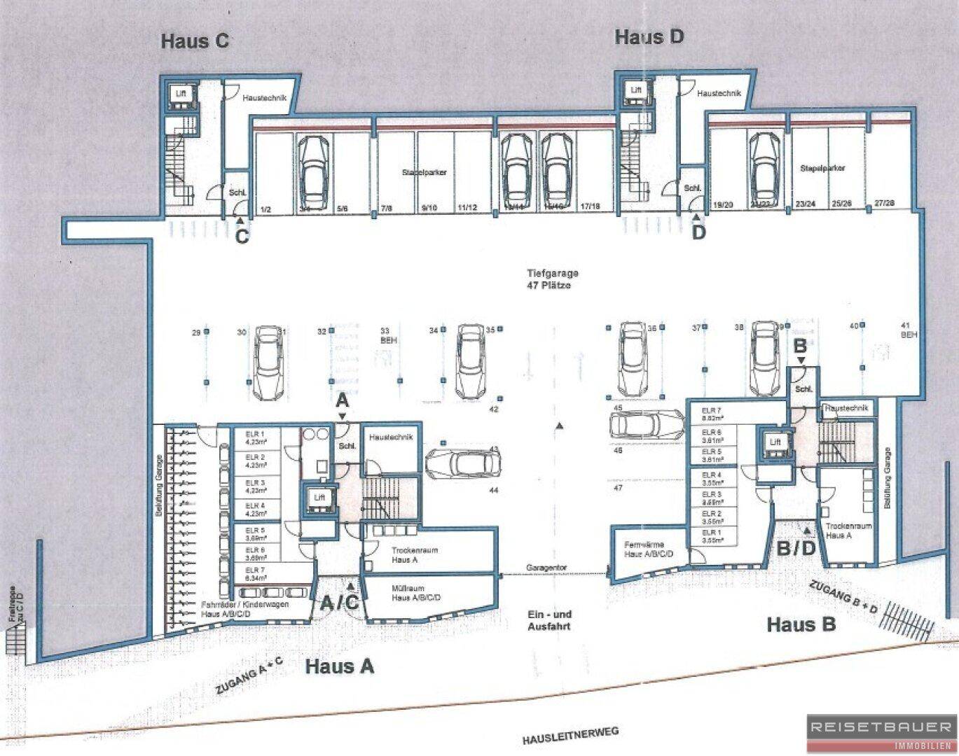 Grundriss der Tiefgarage mit 47 Stellplätzen, Fahrradraum, Kellerräumen und Aufzügen.