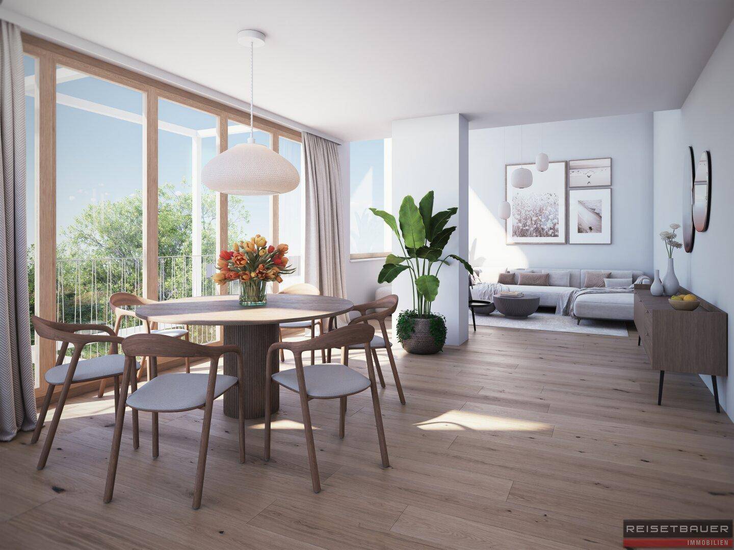 Geräumiger Wohn- und Essbereich mit Holzboden, großen Fenstern und Zugang zum Balkon.