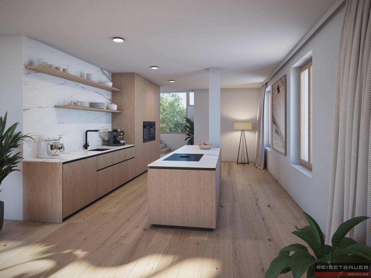 Moderne Küche mit Holzfronten, Kücheninsel, Marmorrückwand und integrierten Geräten.