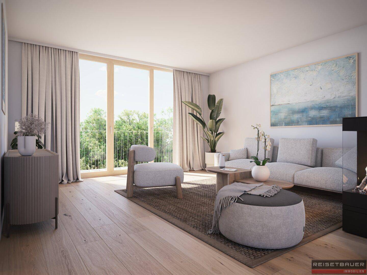 Gemütliches Wohnzimmer mit Holzboden, großem Fenster und einem modernen Kamin.