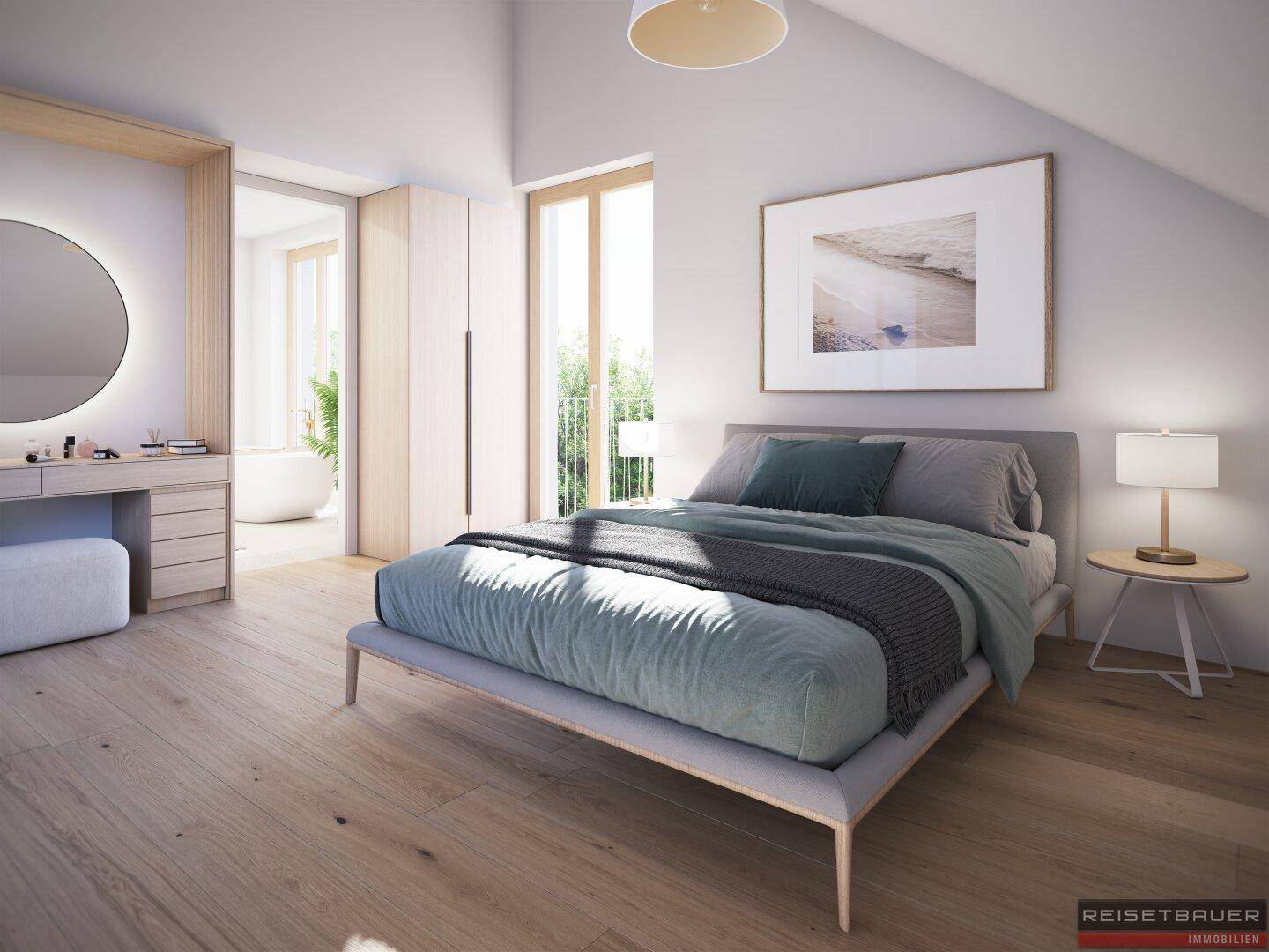 Modernes Schlafzimmer mit Holzboden, Dachschräge und Zugang zu einem angrenzenden Badezimmer.