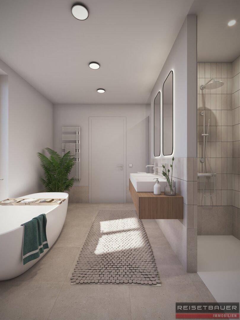 Elegantes Badezimmer mit freistehender Badewanne, begehbarer Dusche und beheiztem Handtuchhalter.