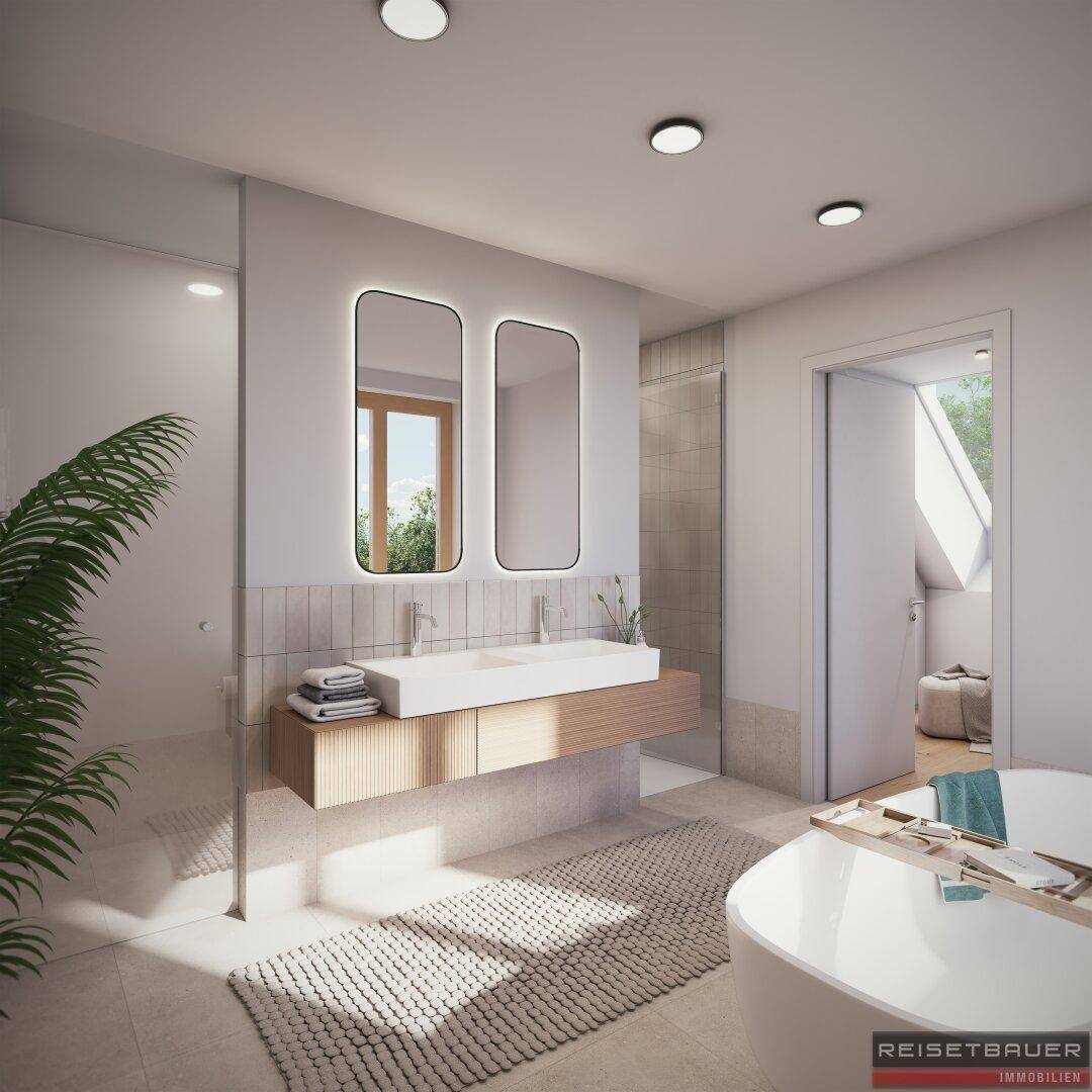 Modernes Badezimmer mit Doppelwaschbecken, begehbarer Dusche und freistehender Badewanne.