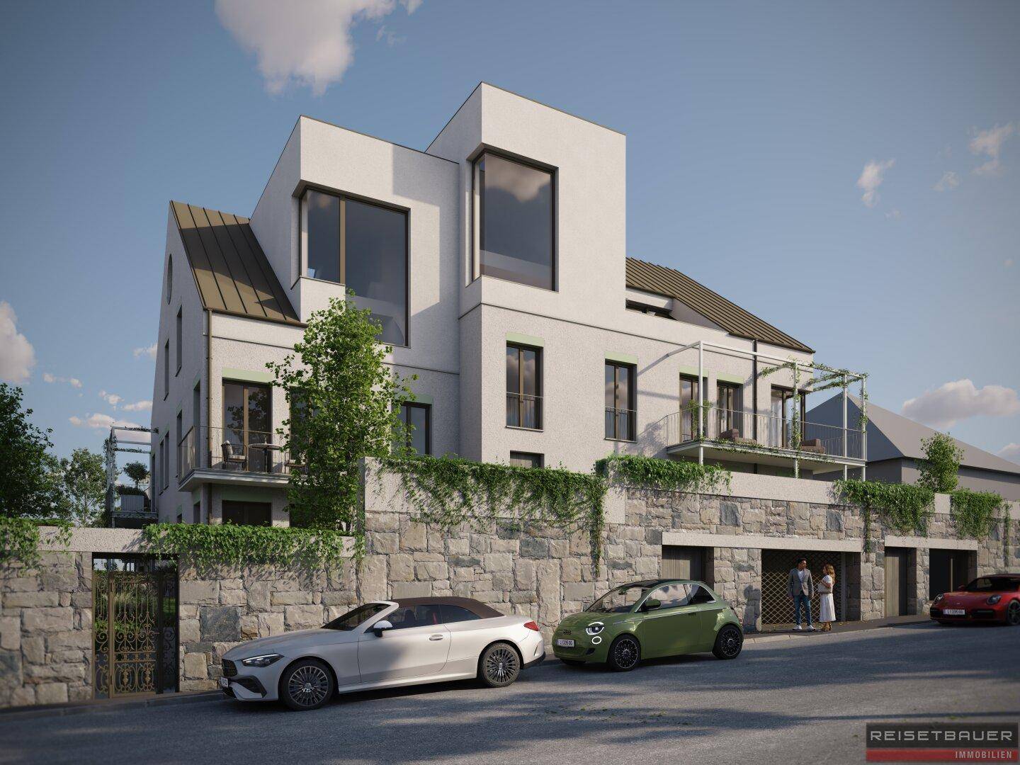 Attraktive Wohnanlage mit moderner Architektur, Steinfassade und Tiefgaragenzufahrt.