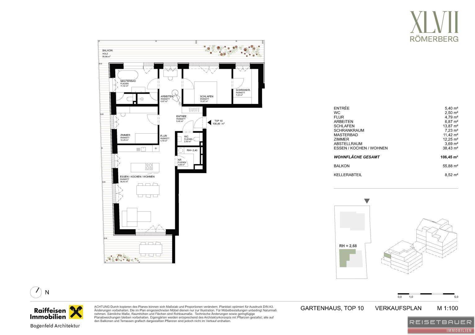 Detaillierter Grundriss einer Gartenwohnung mit großem Balkon und mehreren Zimmern.