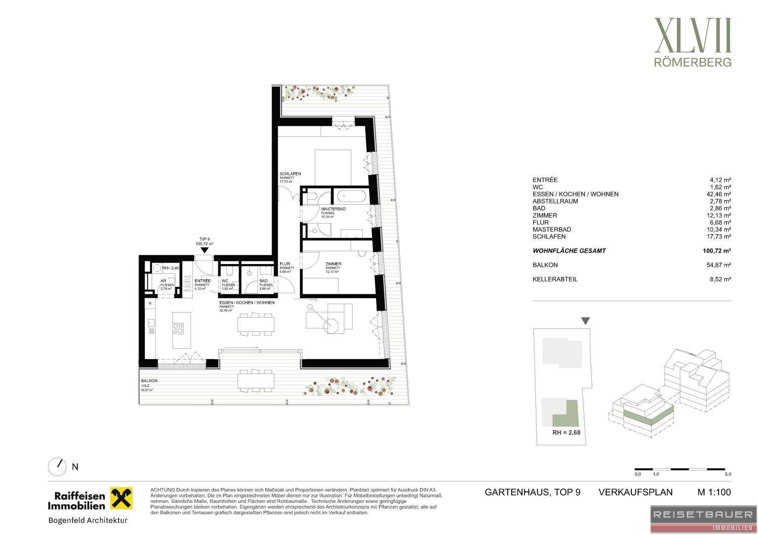Detaillierter Grundriss des Gartenhauses Top 9 mit Wohnflächenangaben und Balkon.