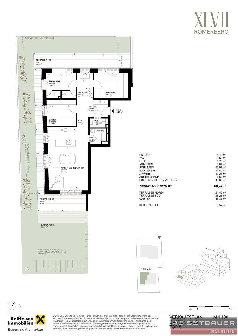 Detaillierter Grundriss einer Wohnung mit offenem Wohnbereich, Terrasse und Gartenanteil.