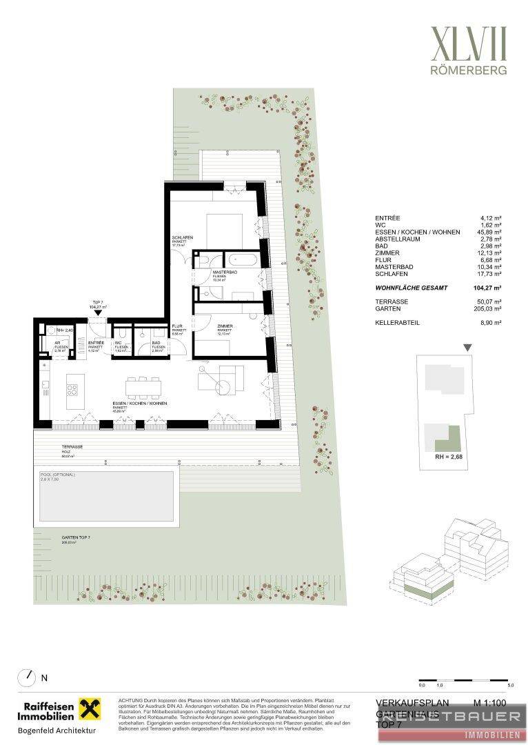 Detaillierter Grundriss einer Wohnung mit drei Schlafzimmern, offenem Wohnbereich und großer Terrasse.