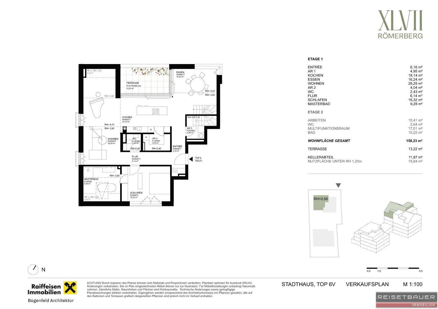 Grundriss der ersten Etage mit offener Küche, Wohnbereich, Schlafzimmer und Terrasse.