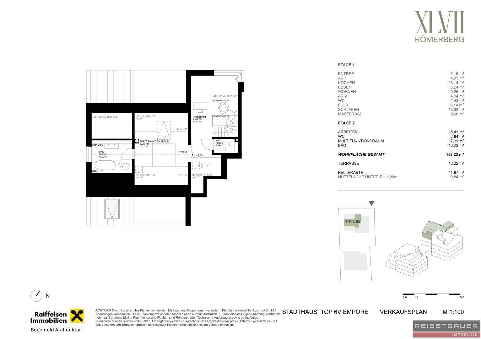 Grundriss der zweiten Etage mit Schlafzimmern, Bad und Multifunktionsraum unter Dachschrägen.