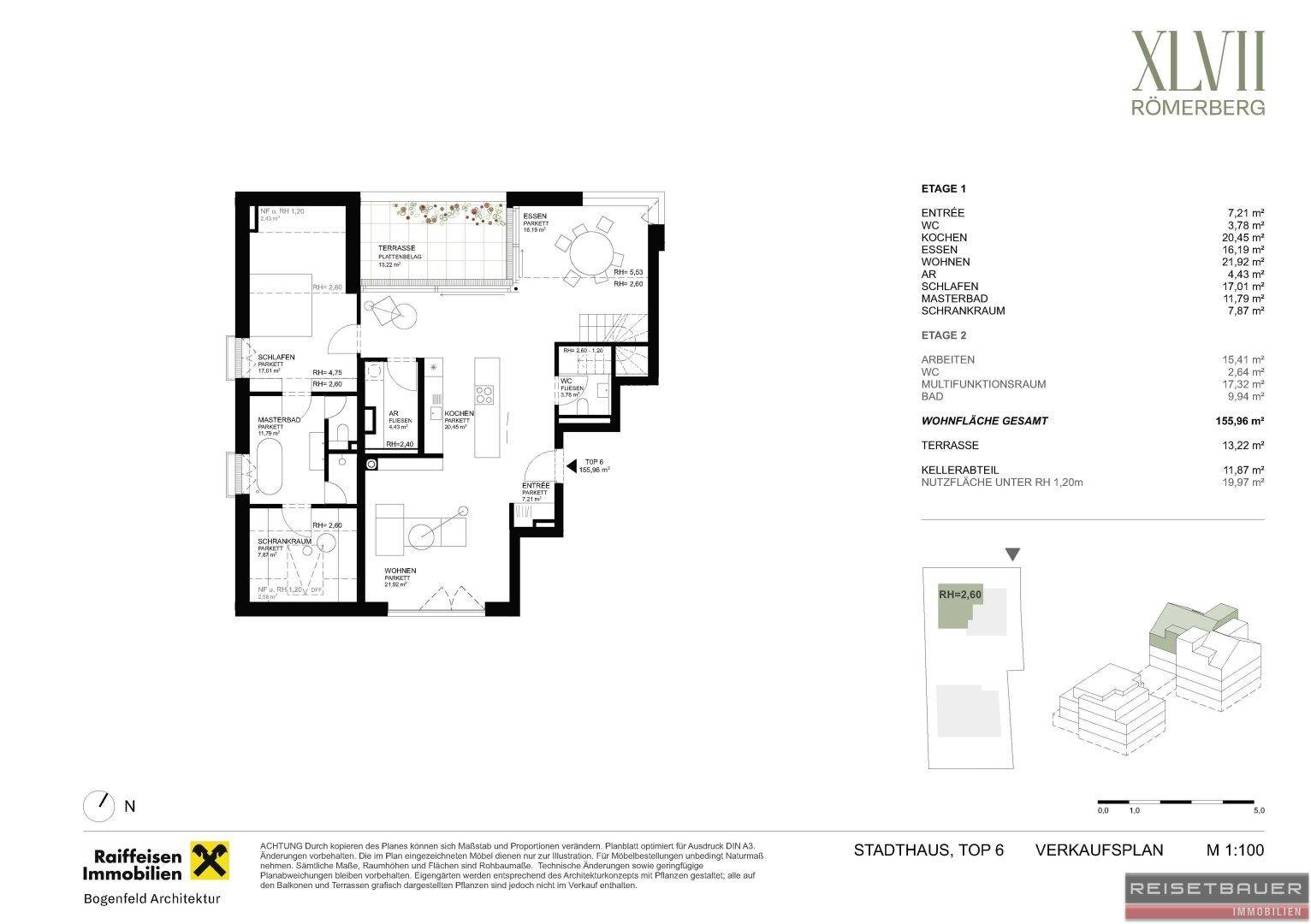 Detaillierter Grundriss der ersten Etage mit Wohnbereich, Küche und Terrasse.