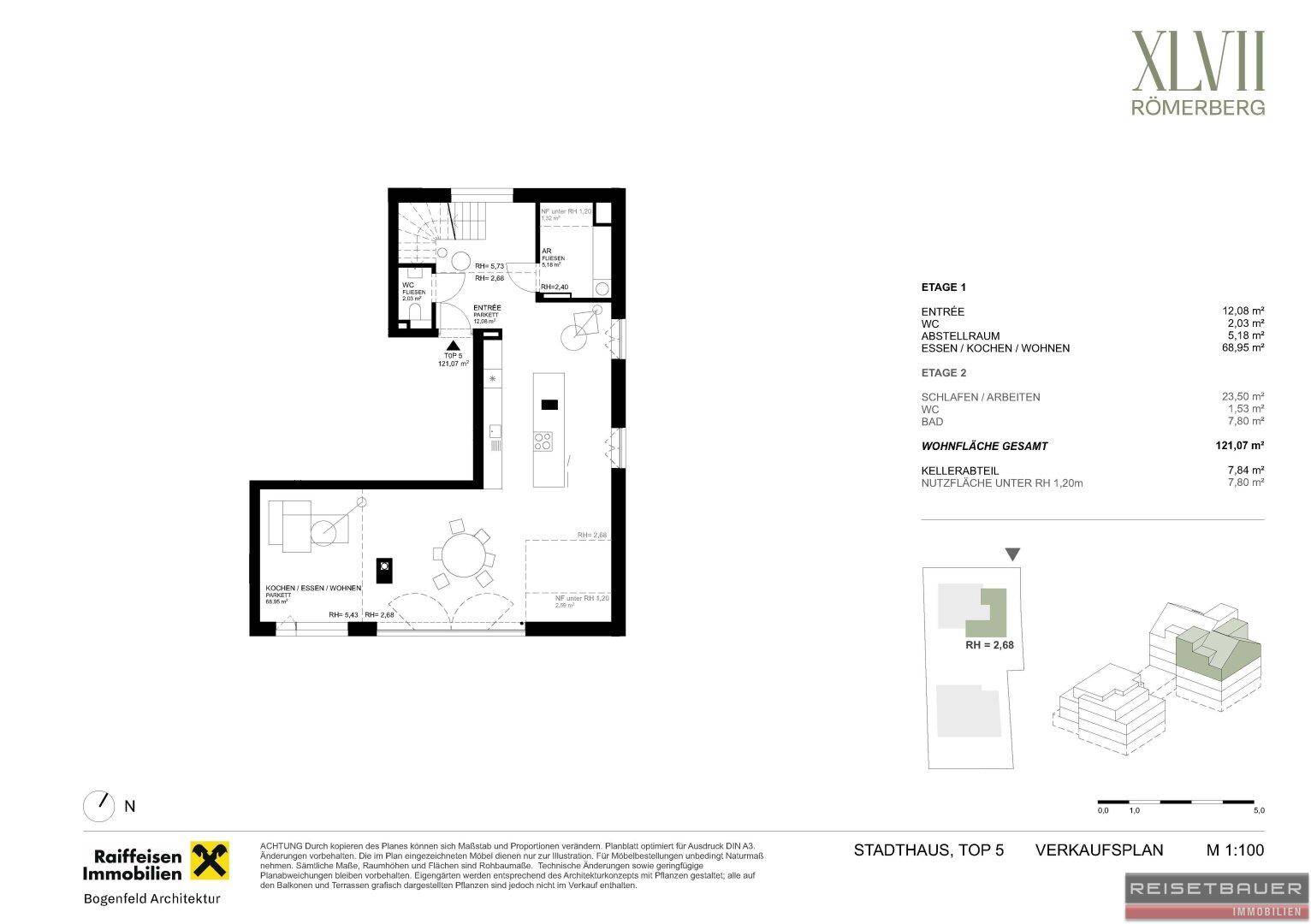 Grundriss des Stadthauses Top 5 mit zwei Etagen und Gesamtfläche von 121,07 m².