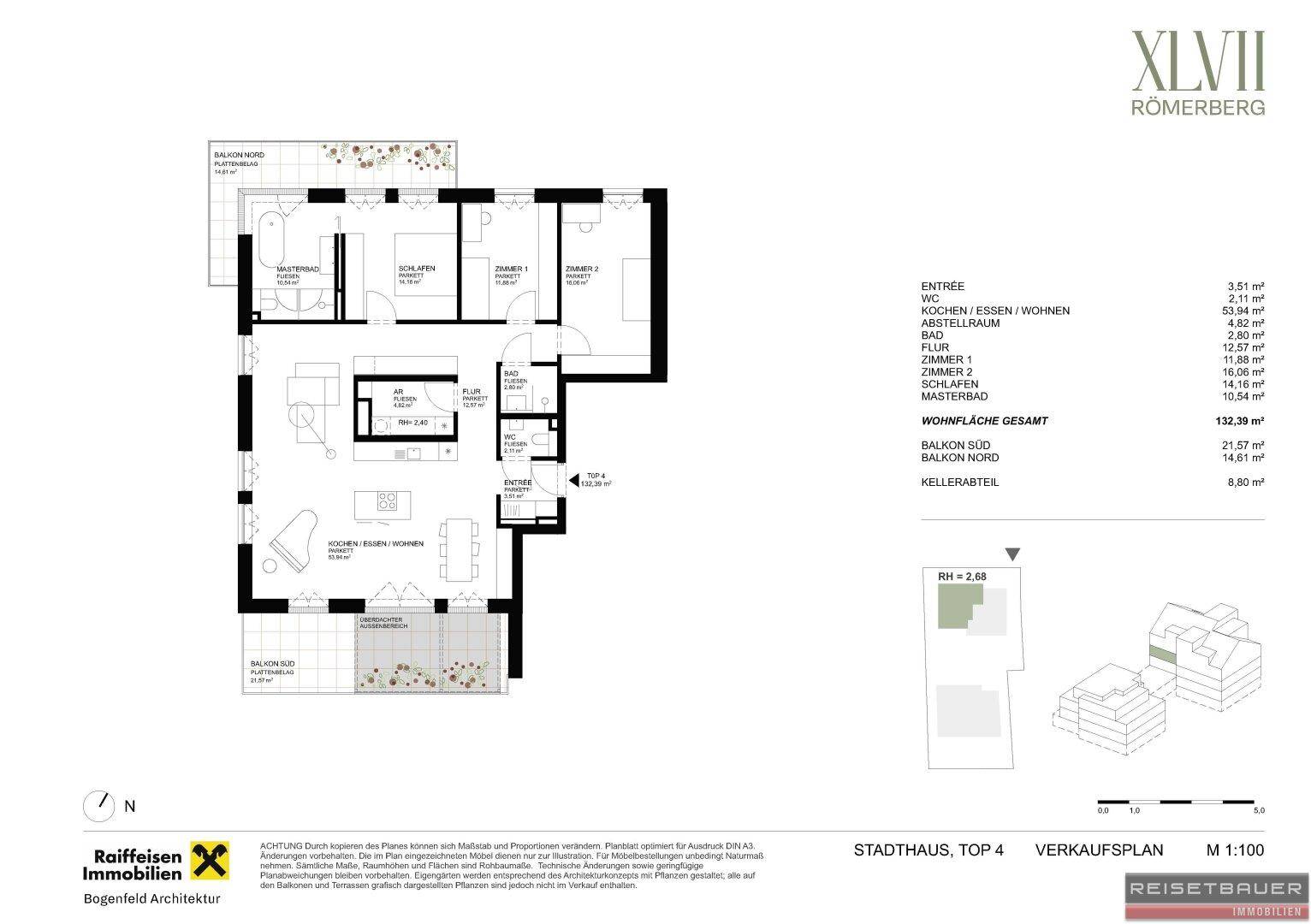 Grundriss einer Stadthaus-Wohnung mit offenem Wohnbereich, drei Schlafzimmern und zwei Balkonen.