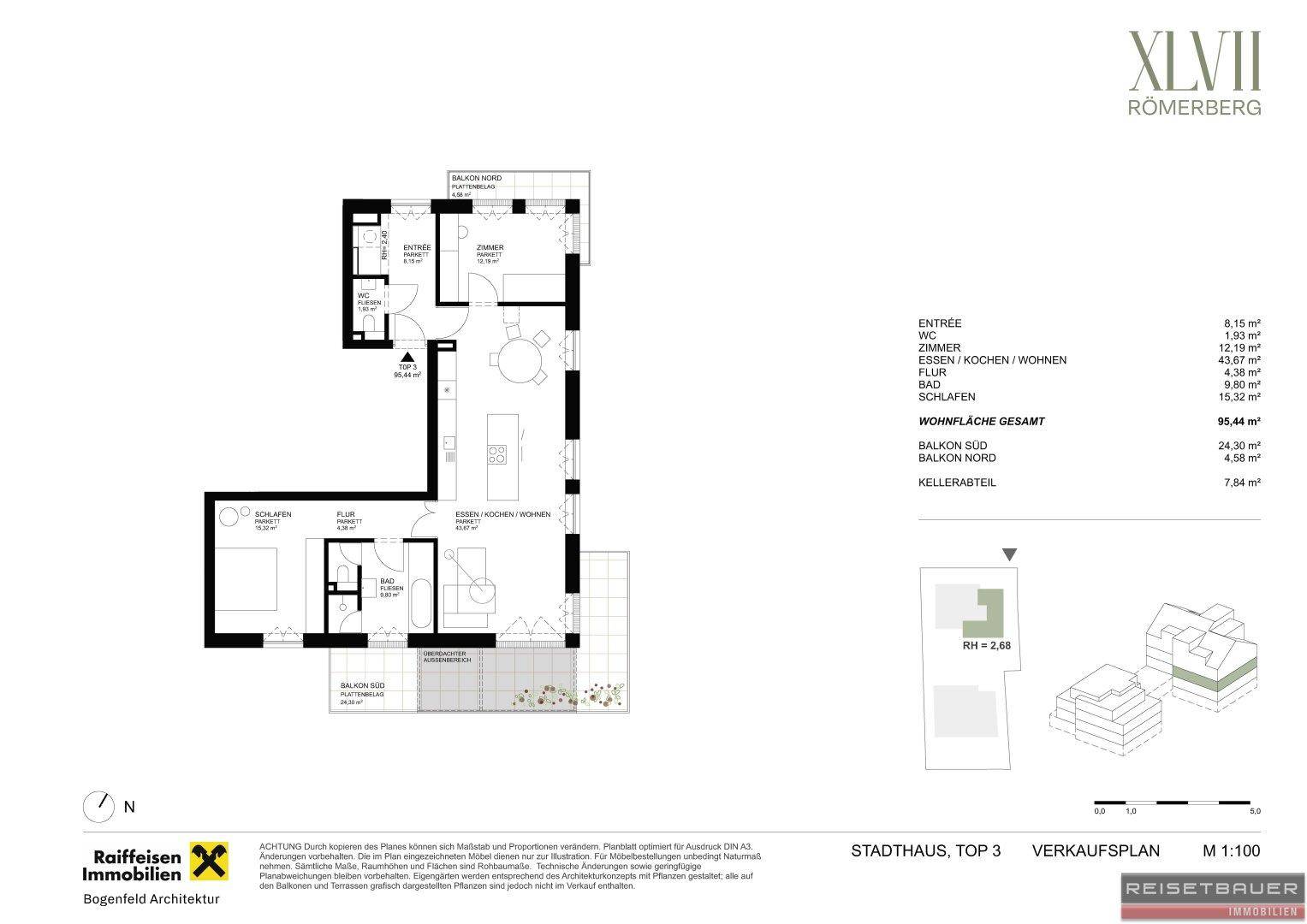 Grundriss einer Stadthaus-Wohnung mit drei Schlafzimmern, offenem Wohnbereich und zwei Balkonen.