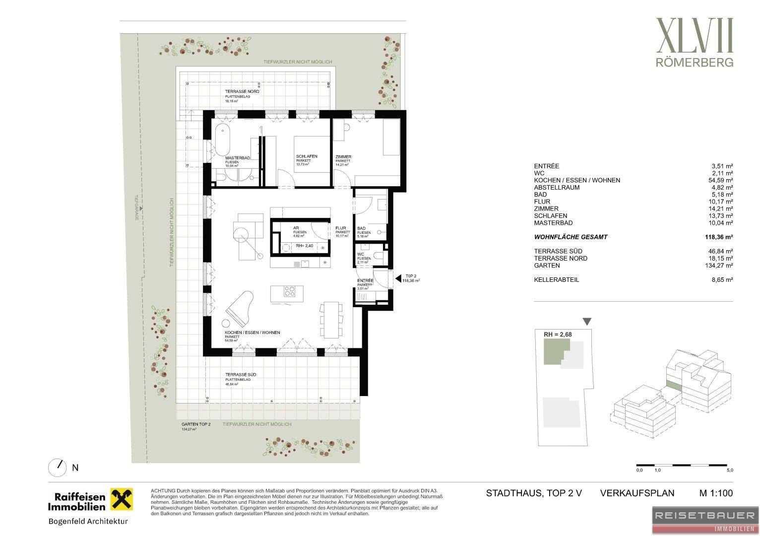 Detaillierter Grundriss einer Stadthauswohnung mit offener Küche, Wohnbereich und zwei Terrassen.