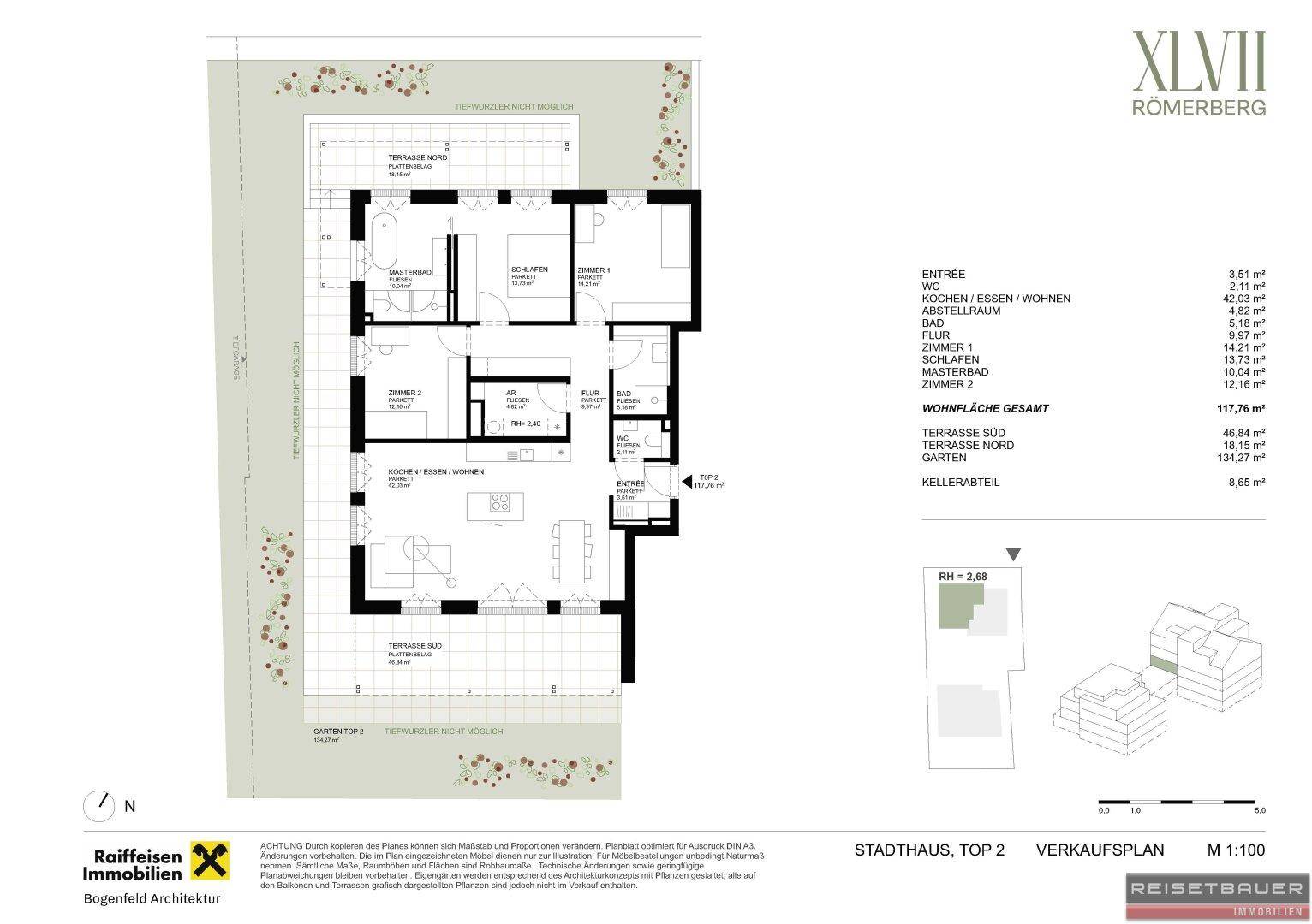 Detaillierter Grundriss des Stadthauses mit Wohn-, Ess- und Schlafbereichen sowie Terrassen.