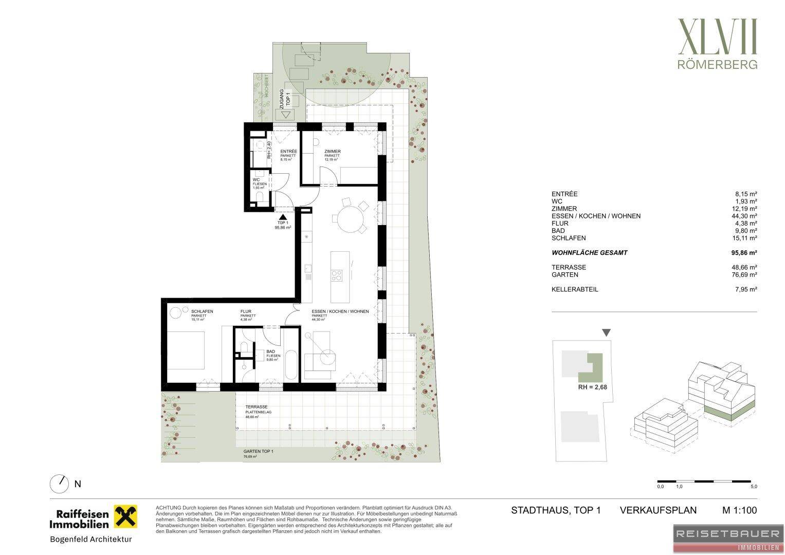 Grundriss des Stadthauses Top 1 mit offenem Wohnbereich, Terrasse und Garten im Erdgeschoss.