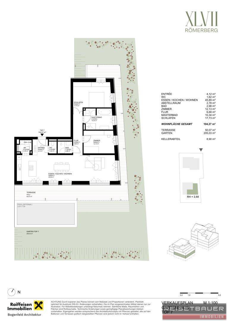 Grundriss des Gartenhauses Top 7 mit offenem Wohnbereich, Terrasse und großem Garten im Erdgeschoss.