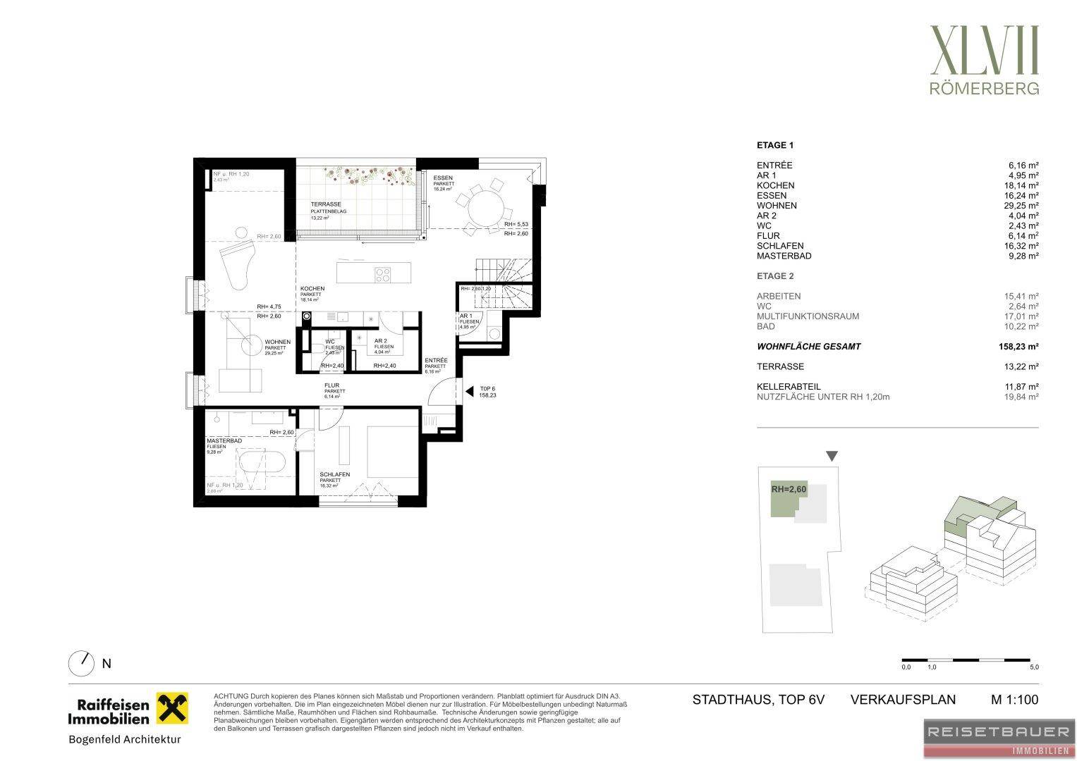 Grundriss des Stadthauses Top 6V, Etage 1, mit offenem Wohnbereich, Terrasse und Masterbad.