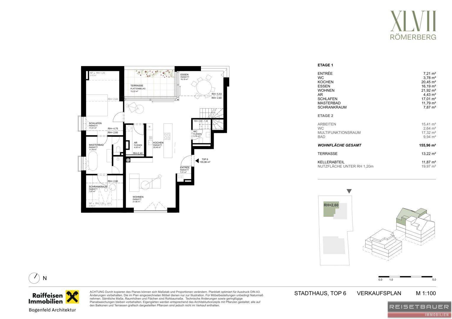 Grundriss des Stadthauses Top 6, Etage 1, mit offenem Wohnbereich, Terrasse und Masterbad.
