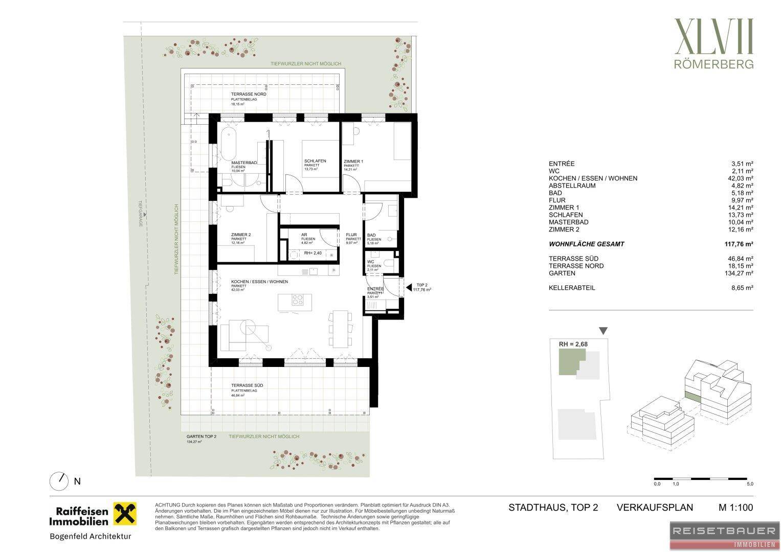 Grundriss des Stadthauses Top 2 mit großem Wohn-Essbereich, zwei Terrassen und Garten im Erdgeschoss.