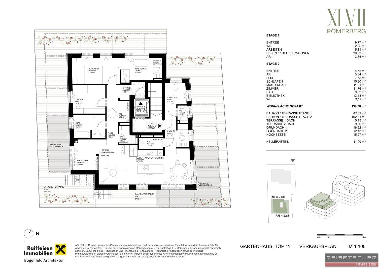 Grundriss des Gartenhauses Top 11, Etage 1, mit offenem Wohnbereich, Balkon und Terrassen.