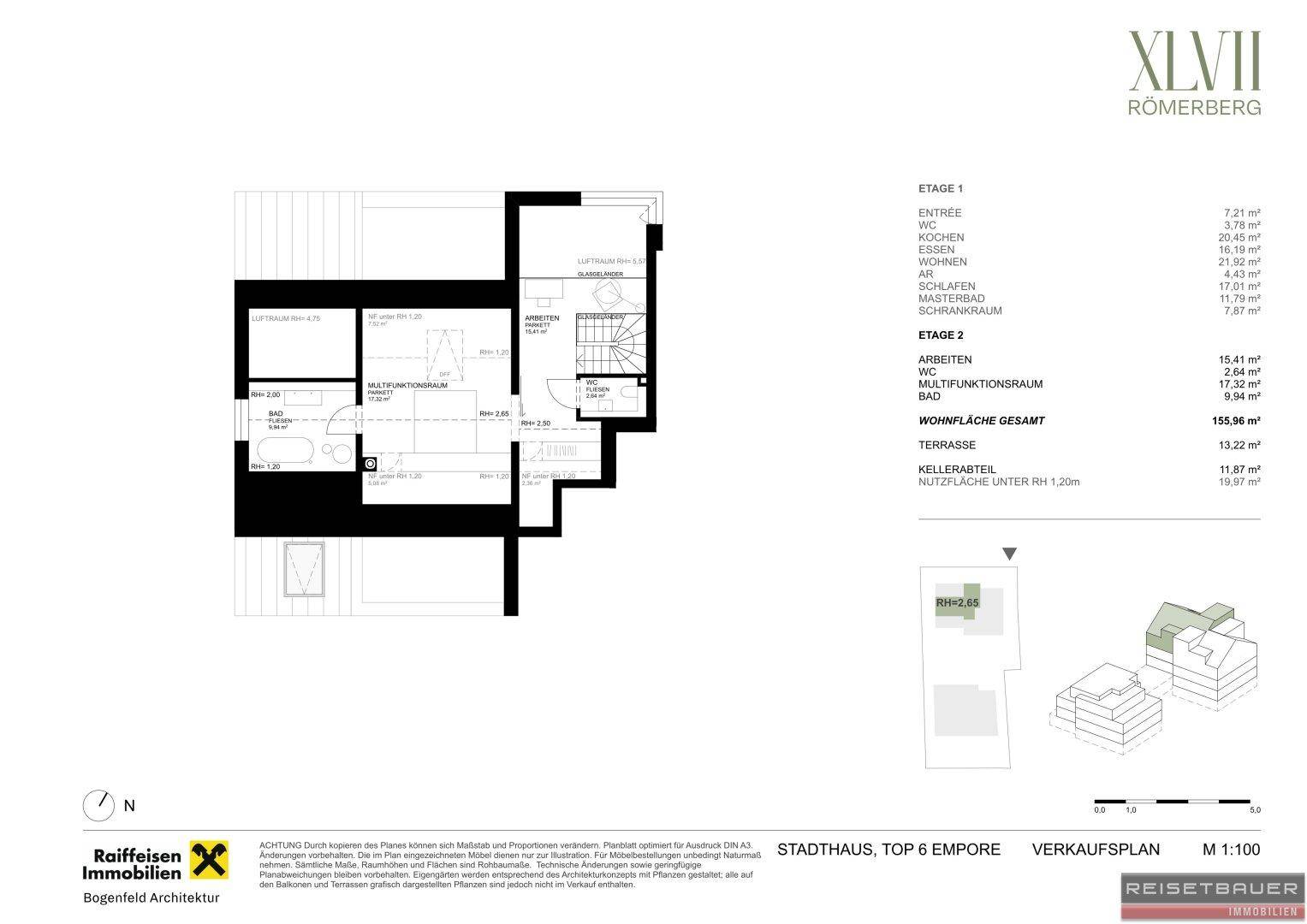 Grundriss des Stadthauses Top 6 Empore, Etage 2, mit Schlafzimmern und Multifunktionsraum.