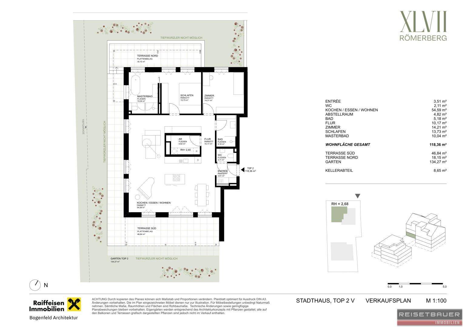 Grundriss des Stadthauses Top 2V mit offenem Wohnbereich, zwei Terrassen und Garten im Erdgeschoss.