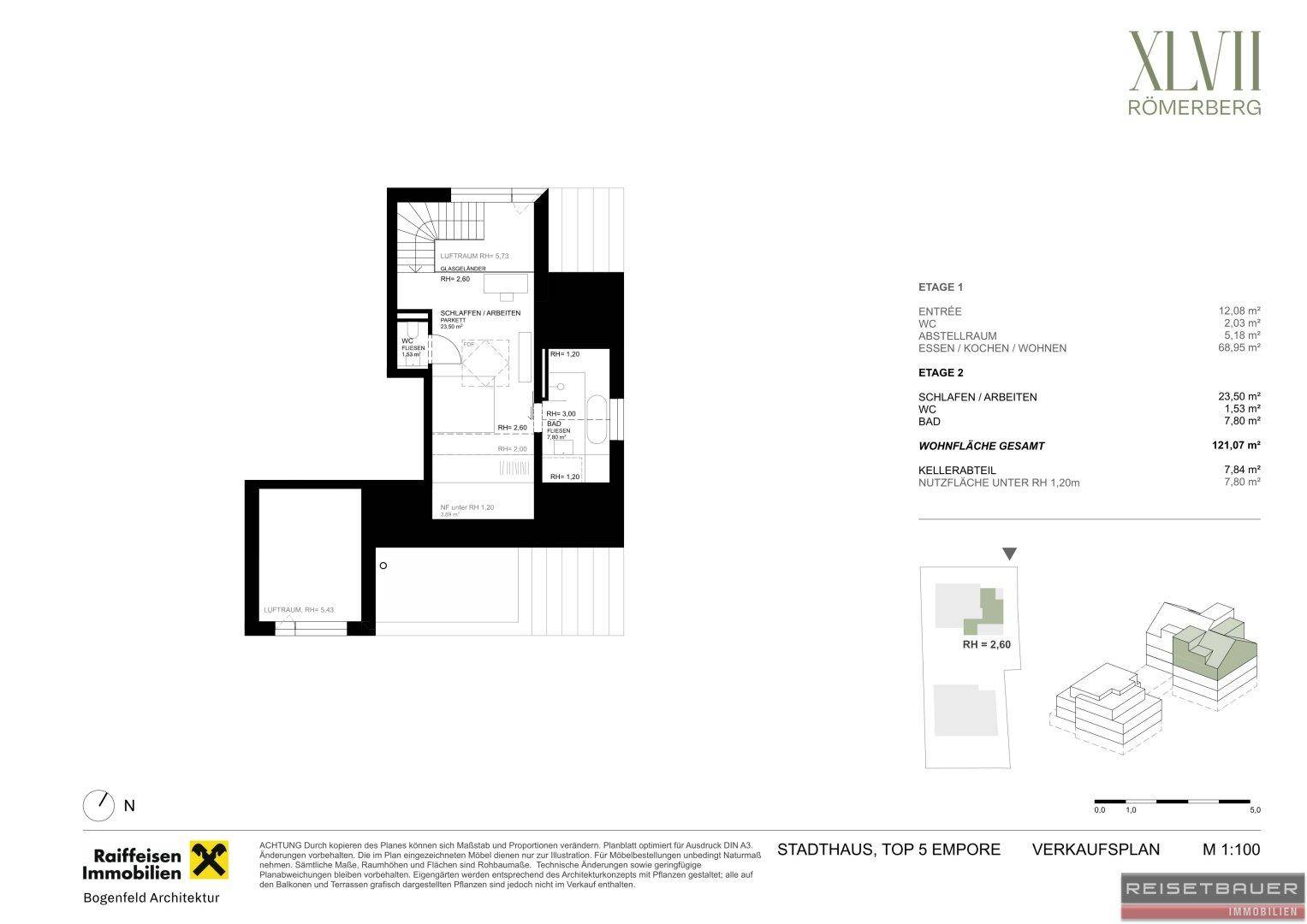 Grundriss des Stadthauses Top 5 Empore, Etage 2, mit Schlafzimmer und Bad im Obergeschoss.